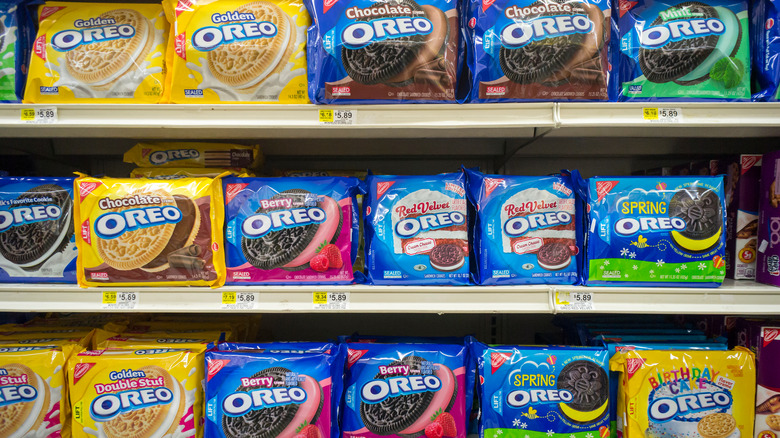 Shelf of assorted Oreo flavors