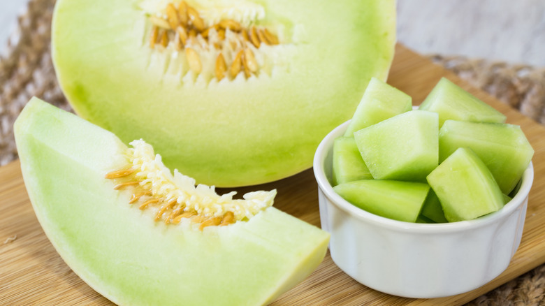 honeydew melon with pieces cut