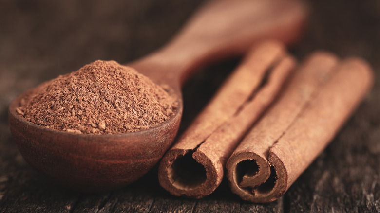 Ground cinnamon in a spoon next to cinnamon sticks