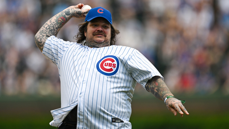 Matty Matheson throws out the first pitch at a Chicago Cubs game