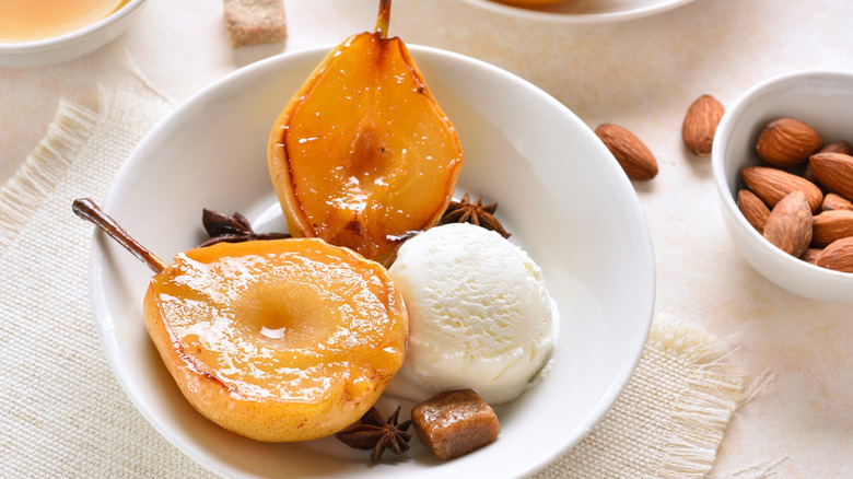 Poached pears with vanilla ice cream