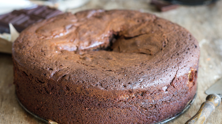 A sunken and brown cake