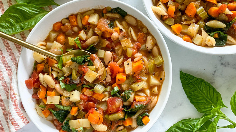 Minestrone soup with potatoes, spinach, and beans