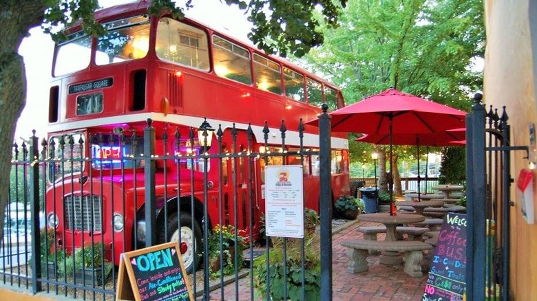 Double D's bright red double decker bus coffee shop in Asheville, North Carolina