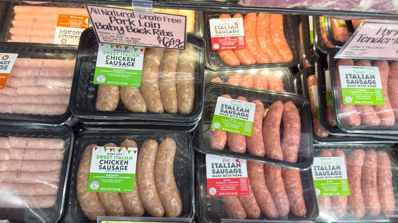 selection of trader joe's sausages in freezer