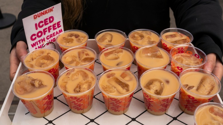 Dunkin' iced coffees on tray