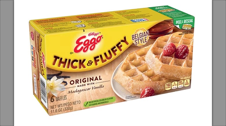 box of Eggo Thick & Fluffy Original Waffles on white background