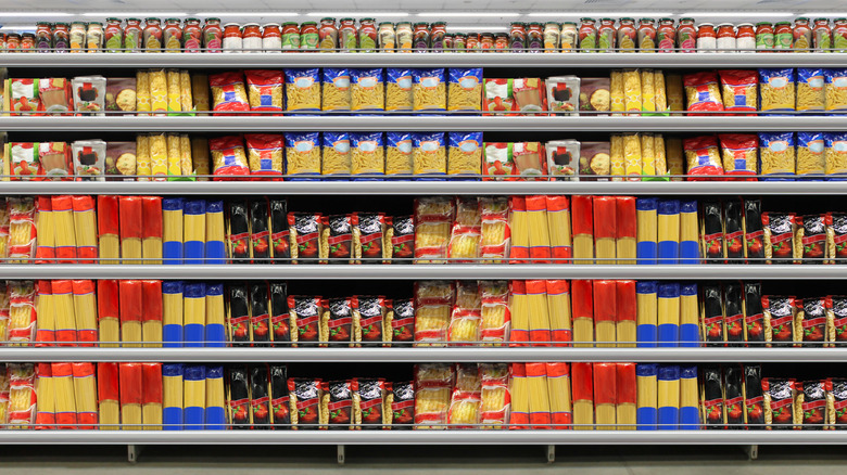 packaged pasta on shelves