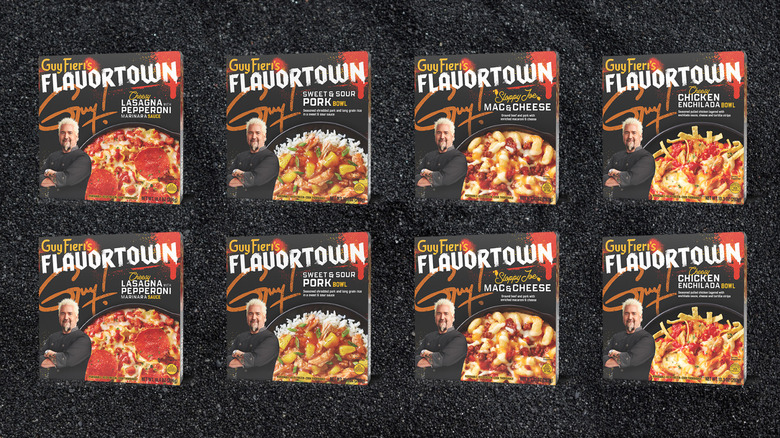 A batch of Guy Fieri's Flavortown frozen meals on display