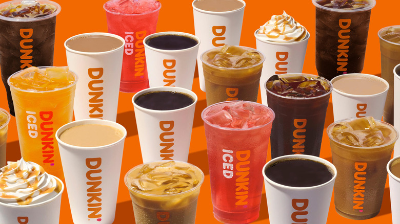 Dunkin' Donuts iced and hot coffee drinks lined up.