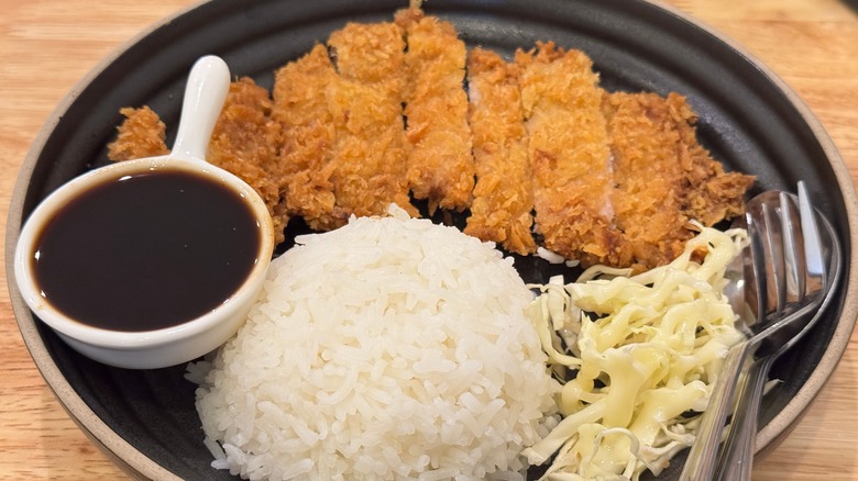 Tonkatsu, cabbage, rice, and sauce