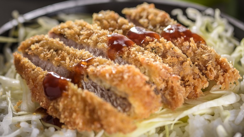 Close-up of panko chicken with tonkatsu sauce