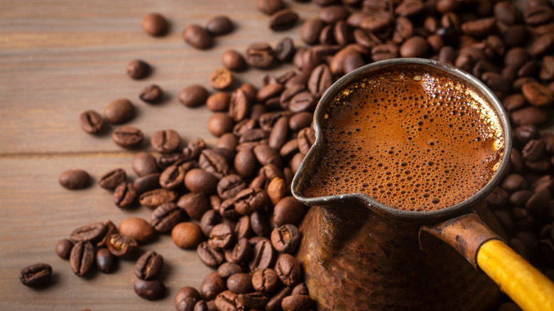 Turkish coffee in copper pot