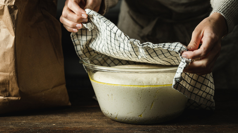 removing towel from a glass bowl with bread proofing in it