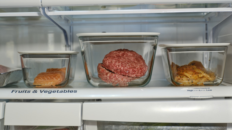 Storing meat on the bottom shelf of the fridge