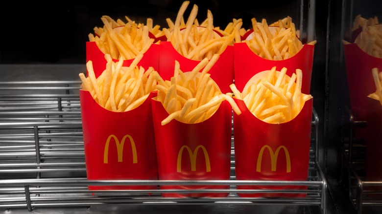 McDonald's fries packaged and staged in a warmer