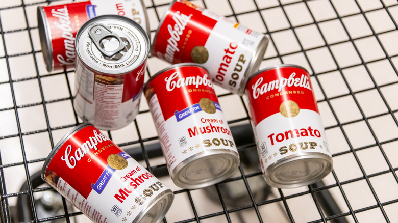 soup cans in a shopping cart