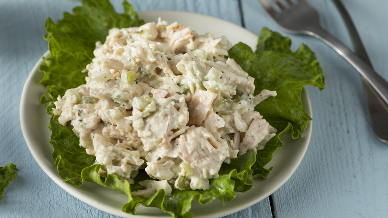 Chicken salad on leafy greens