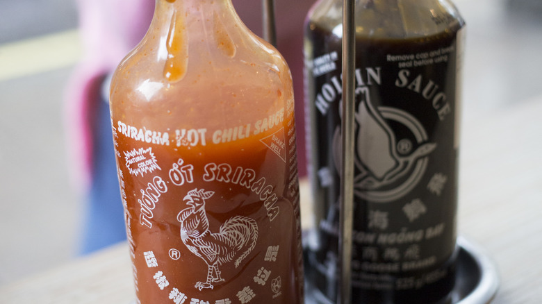 bottle of Sriracha next to a bottle of hoisin sauce in a condiment holder