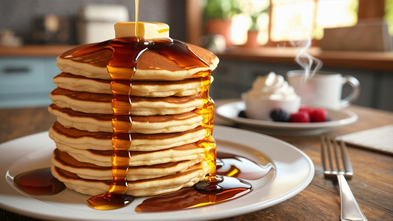 Stack of pancakes with syrup and butter on a plate