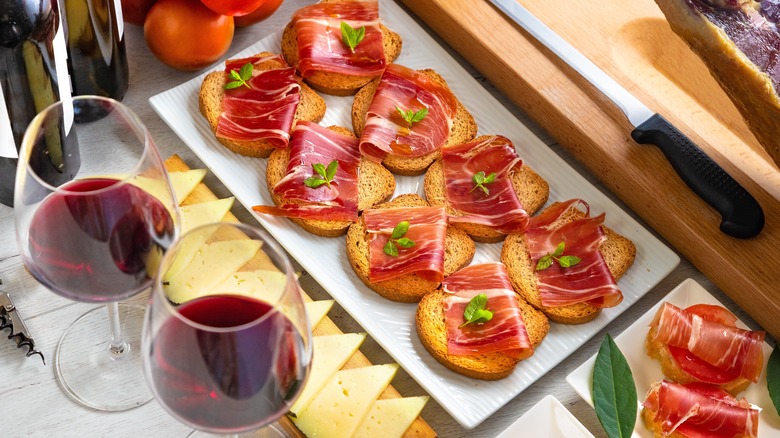 Appetizer table with wine