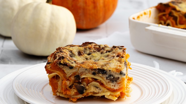 slice of pumpkin lasagna on plate