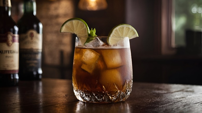 Dark and stormy with lime garnish