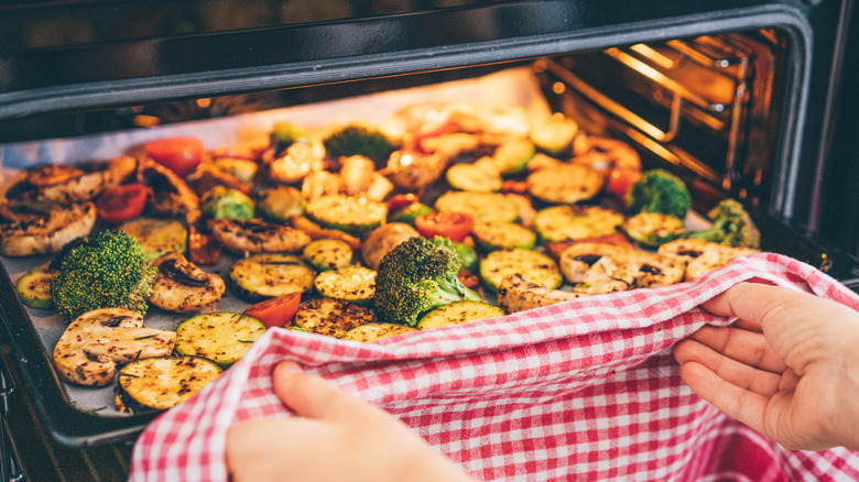 roasted vegetables on baking sheet