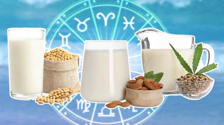 alternative milks in front of zodiac wheel