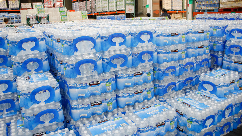 Packages of Kirkland Signature water at Costco