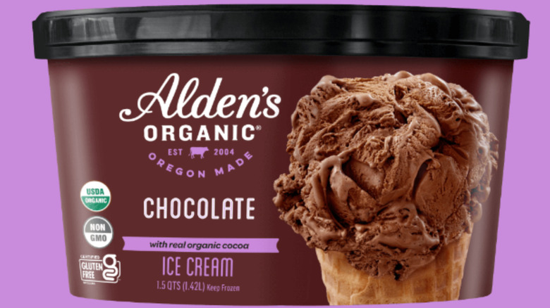 A container of Alden's Organic chocolate ice cream