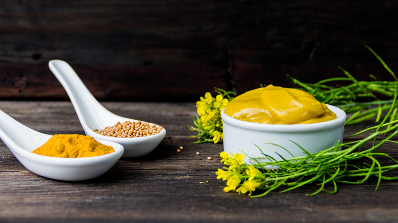 Ramekin of mustard with tumeric and mustard seeds