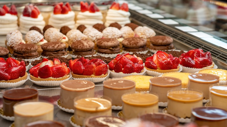 French desserts displayed in a shop