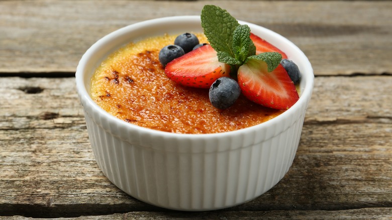 Crème brûlée topped with fruit