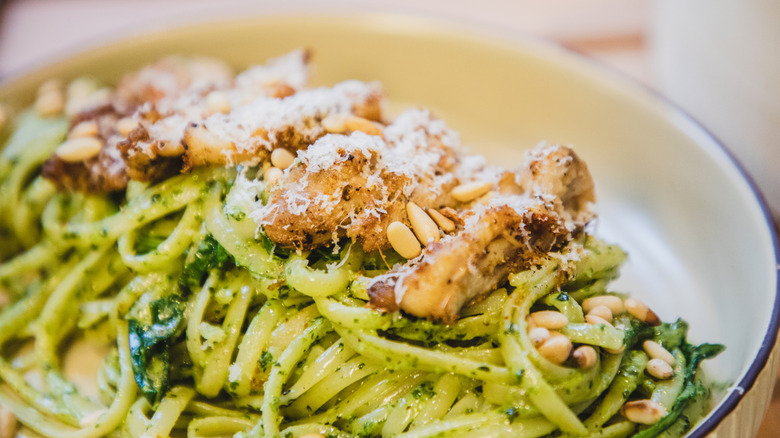 Chicken on pesto pasta