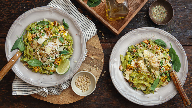 Pesto pasta with mint, pine nuts, and cheese