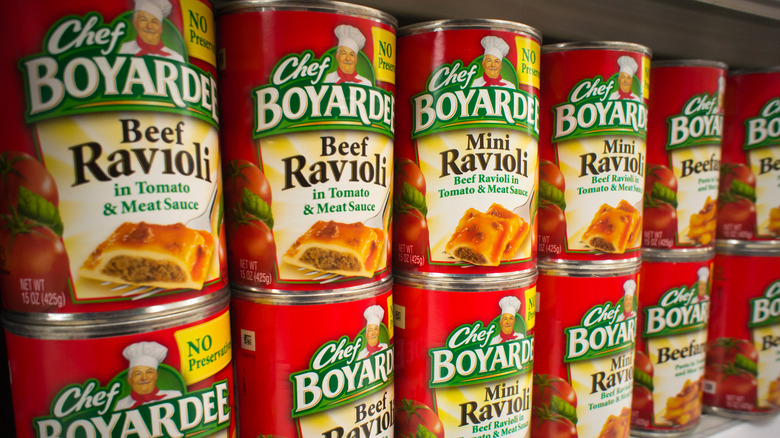 shelf of Chef Boyardee cans