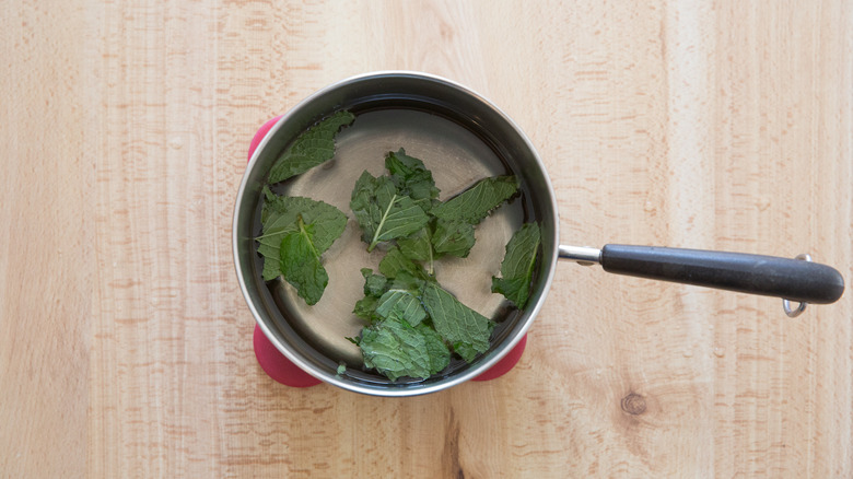 mint-infused syrup in pan