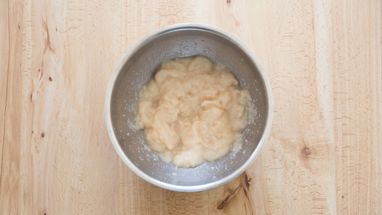 blended pears in metal bowl
