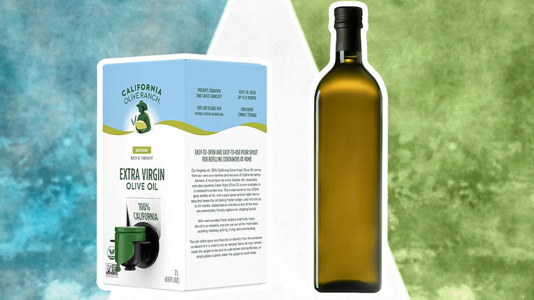 olive oil in bottle next to box