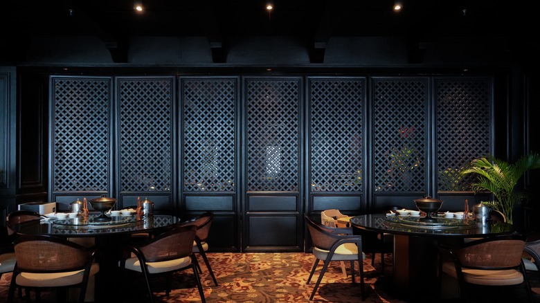 Dimly-lit restaurant interior