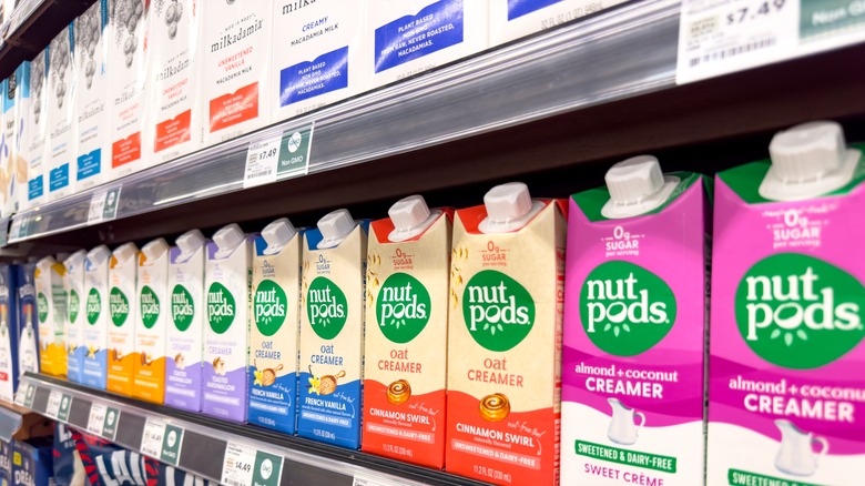 shelf of Nut Pods coffee creamers