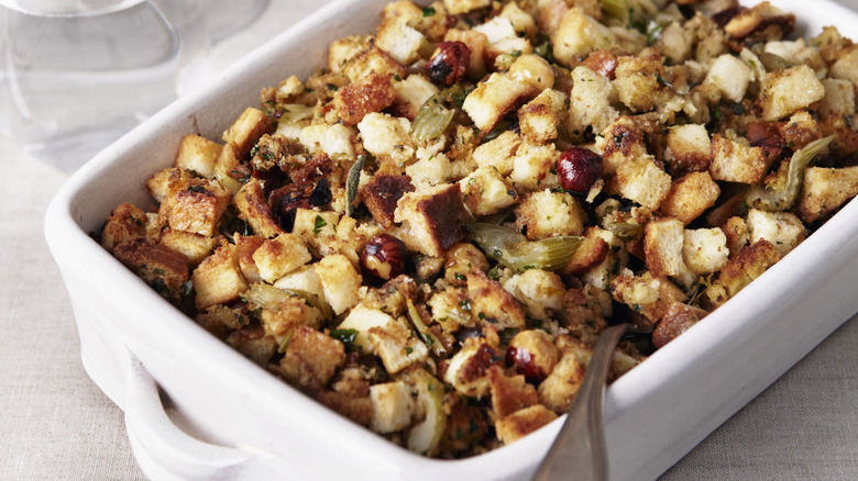 Close-up of a dish filled with stuffing