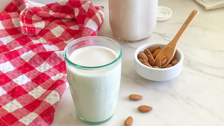 Fresh almond milk and raw almonds