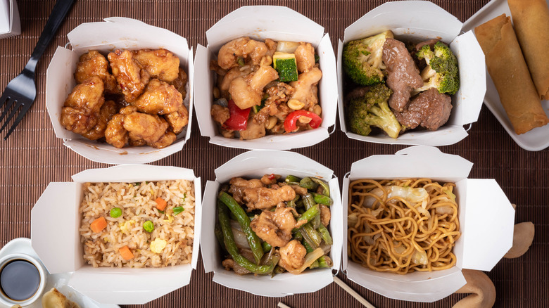 Chinese American food in takeout boxes