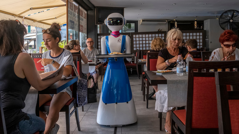 A food service robot serving food in a restaurant