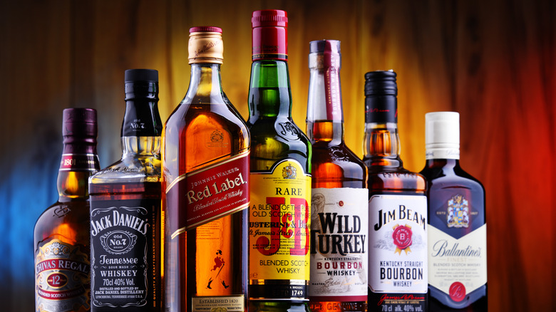 Array of whiskies and bourbons