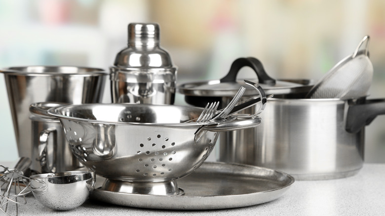 stainless steel cookware on counter 