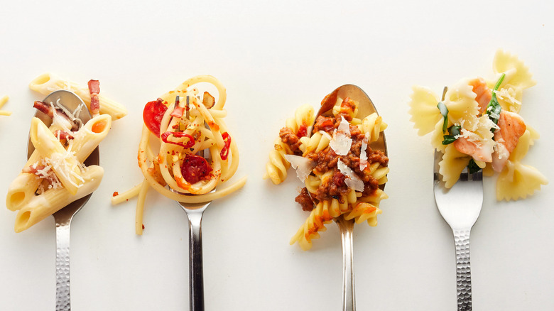 Twirled pasta on forks