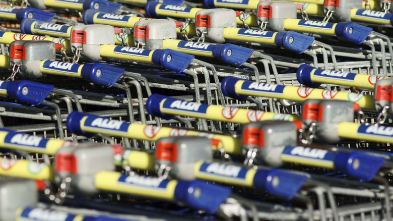 Aldi shopping carts with coin slots and chains